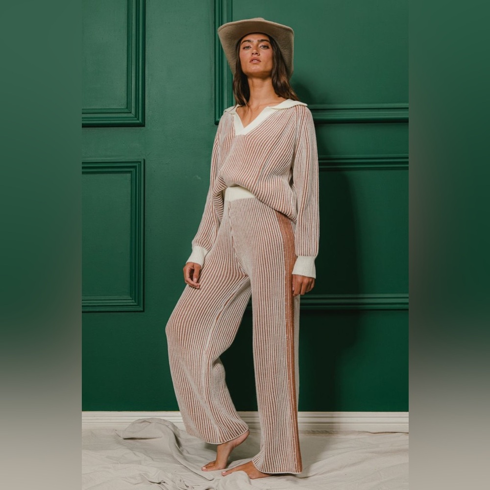 Brown two tone ribbed texture sweater top pants boho bohemian set